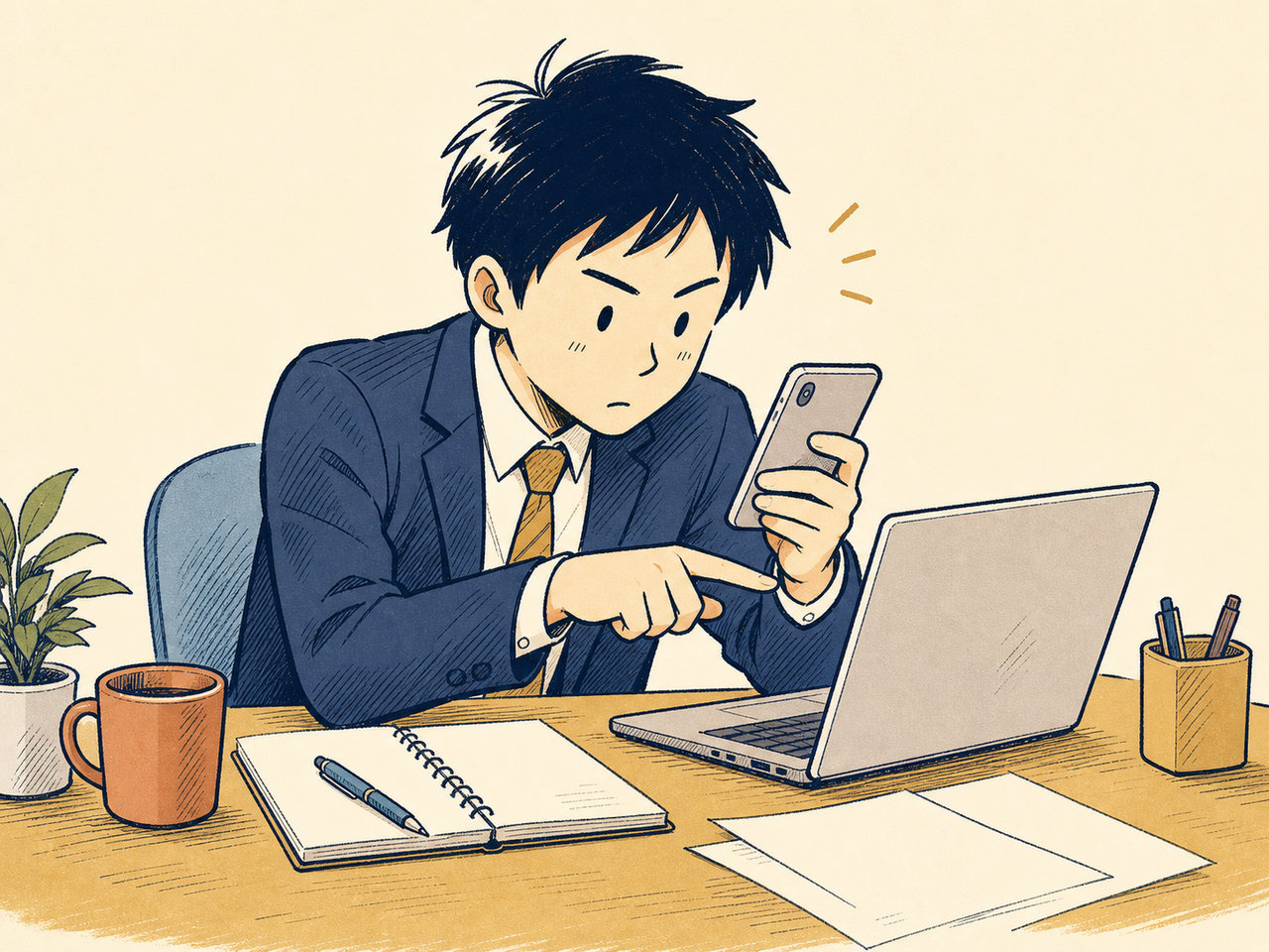 スマホとPCを見比べながら確認作業をする担当者
