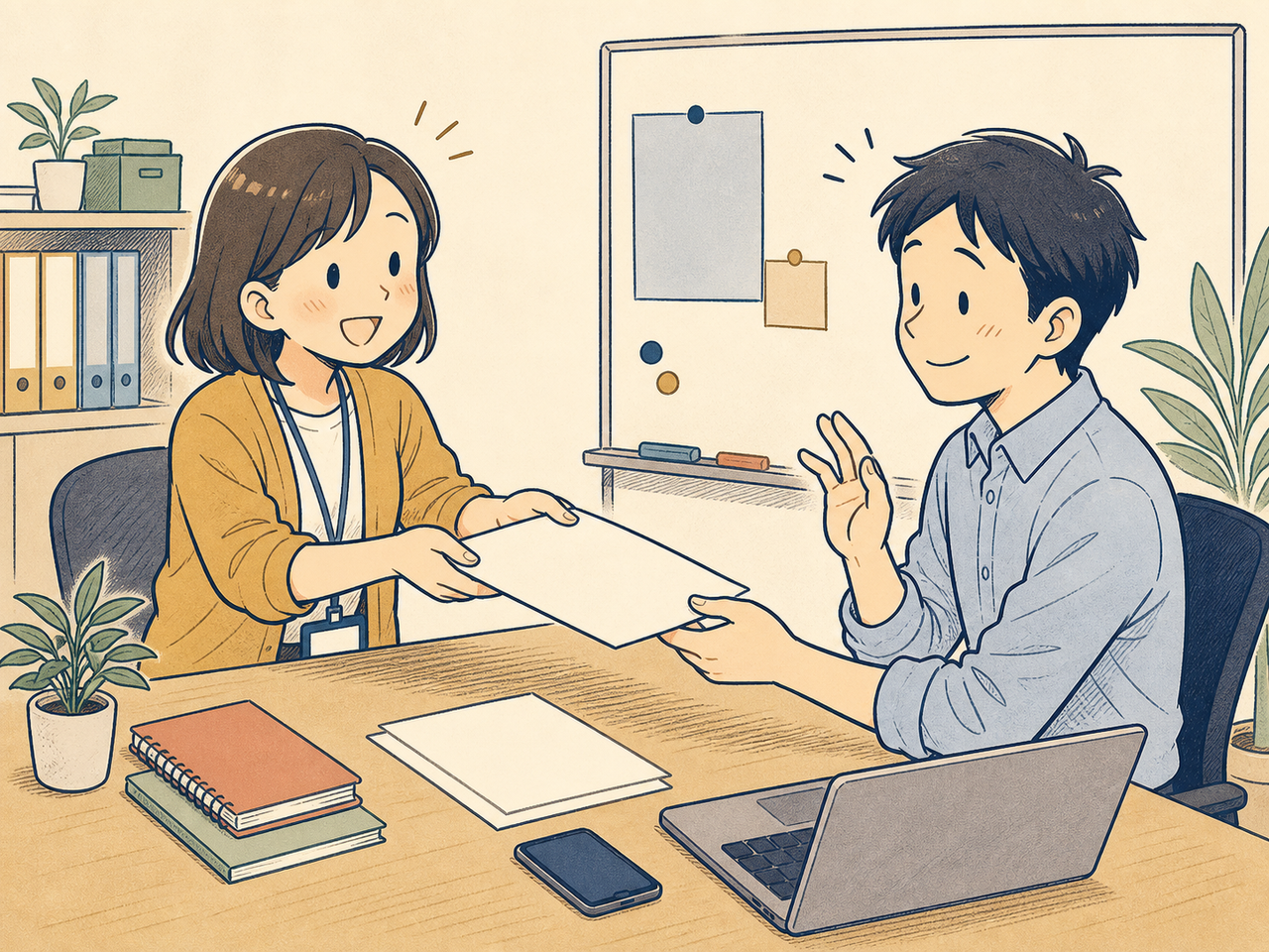 依頼メモを手渡し、握手で合意する二人