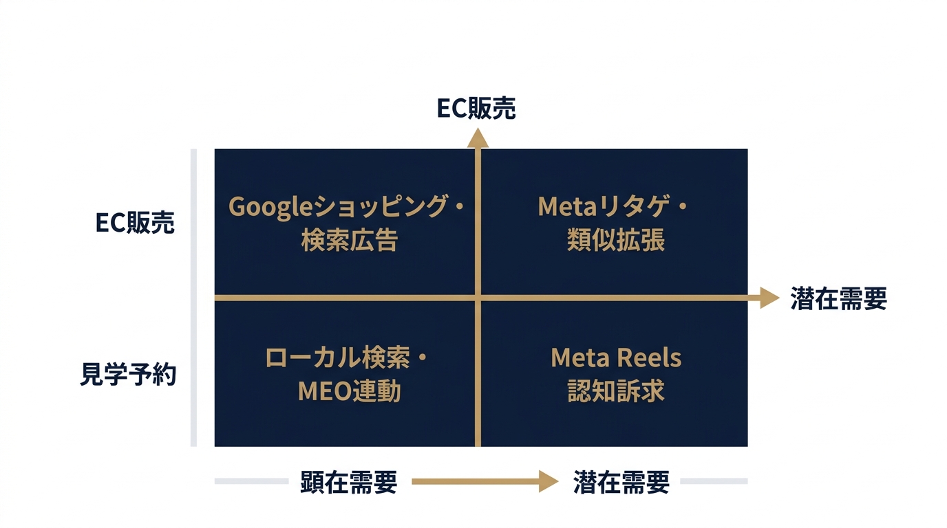 顕在度×集客目的で整理するGoogle・Meta役割分担図