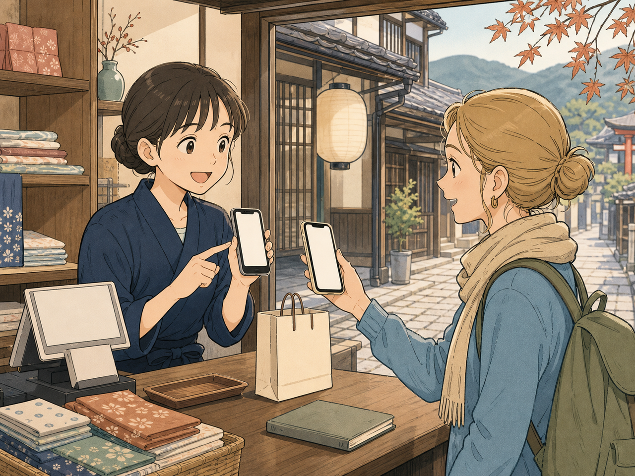 スマホの画面を見せ合う店員と観光客