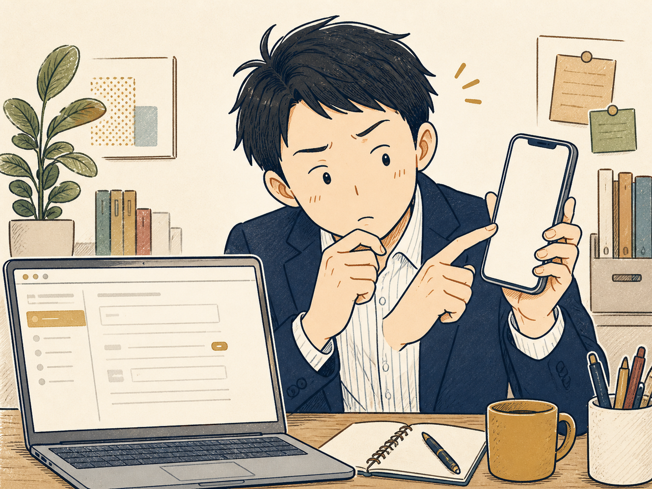 スマホの明細とPC画面を見比べる担当者