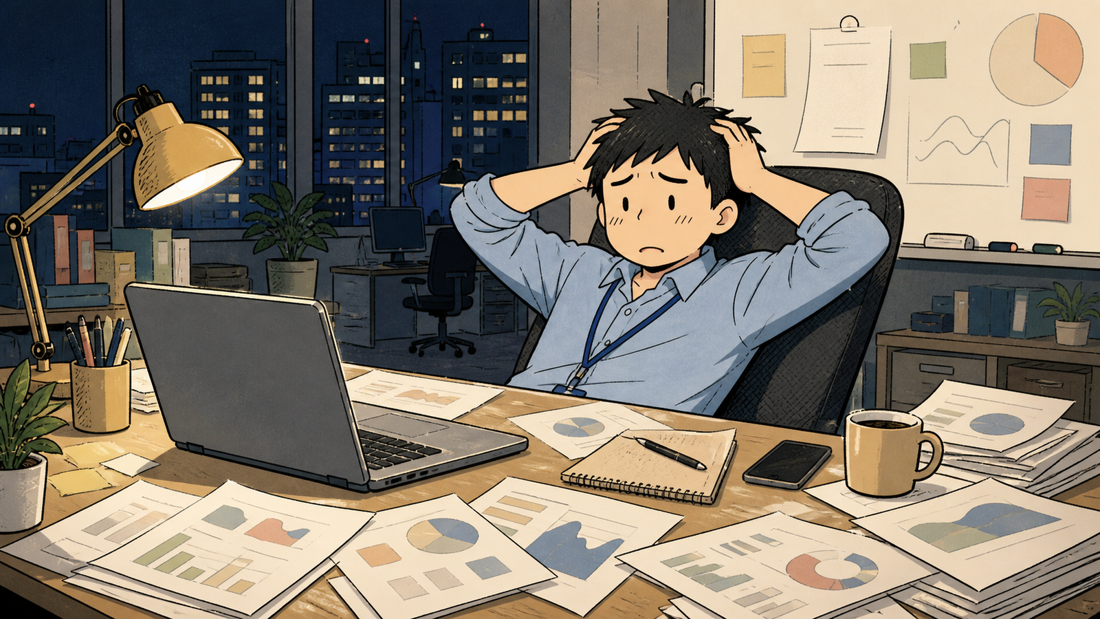 深夜、弱い提案書に頭を抱える広告担当者