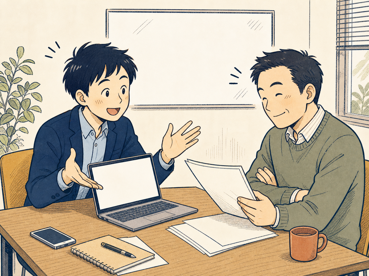 会議室で提案書に納得するクライアント
